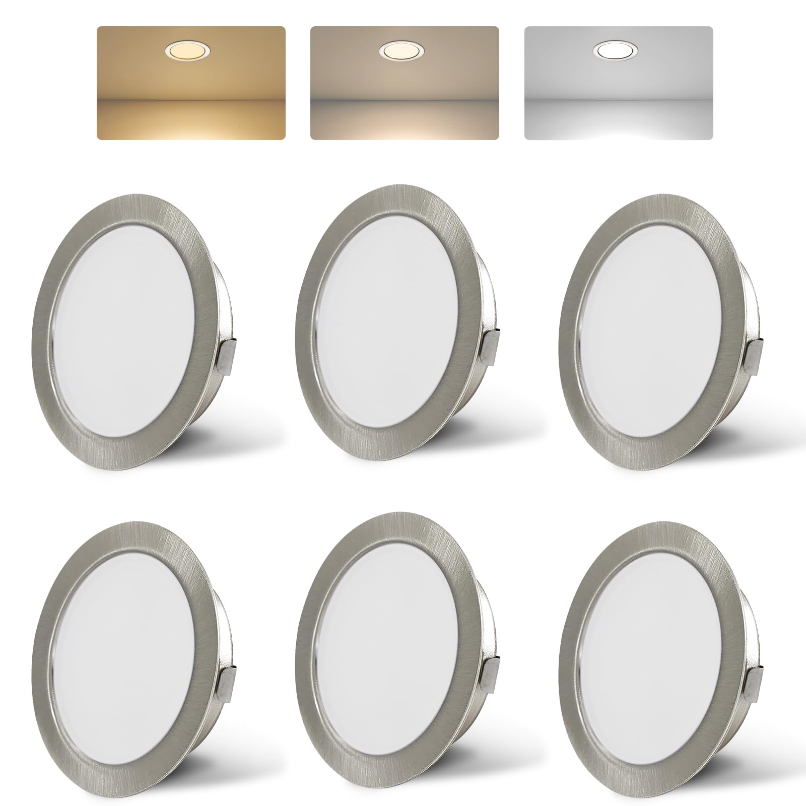 KYOTECH LED Furniture Lights 230V, 4W LED IP44 G4 20mm Recessed Spotlights for Flat Furniture 3000K/4000K/6000K Kitchen Hood, Bathroom Recessed Spotlight (Nickel, Set of 6)