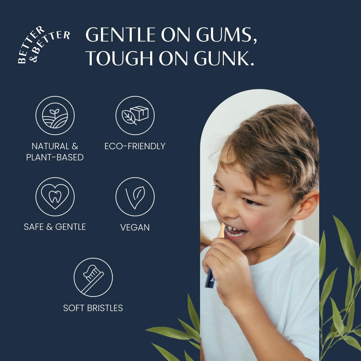 Better & Better Cepillo de dientes de bambú natural para niños, cepillo de dientes de cerdas extrasuaves, 100% a base de plantas, mango reutilizable, cabezal de cepillo reemplazable, ecológico, cero