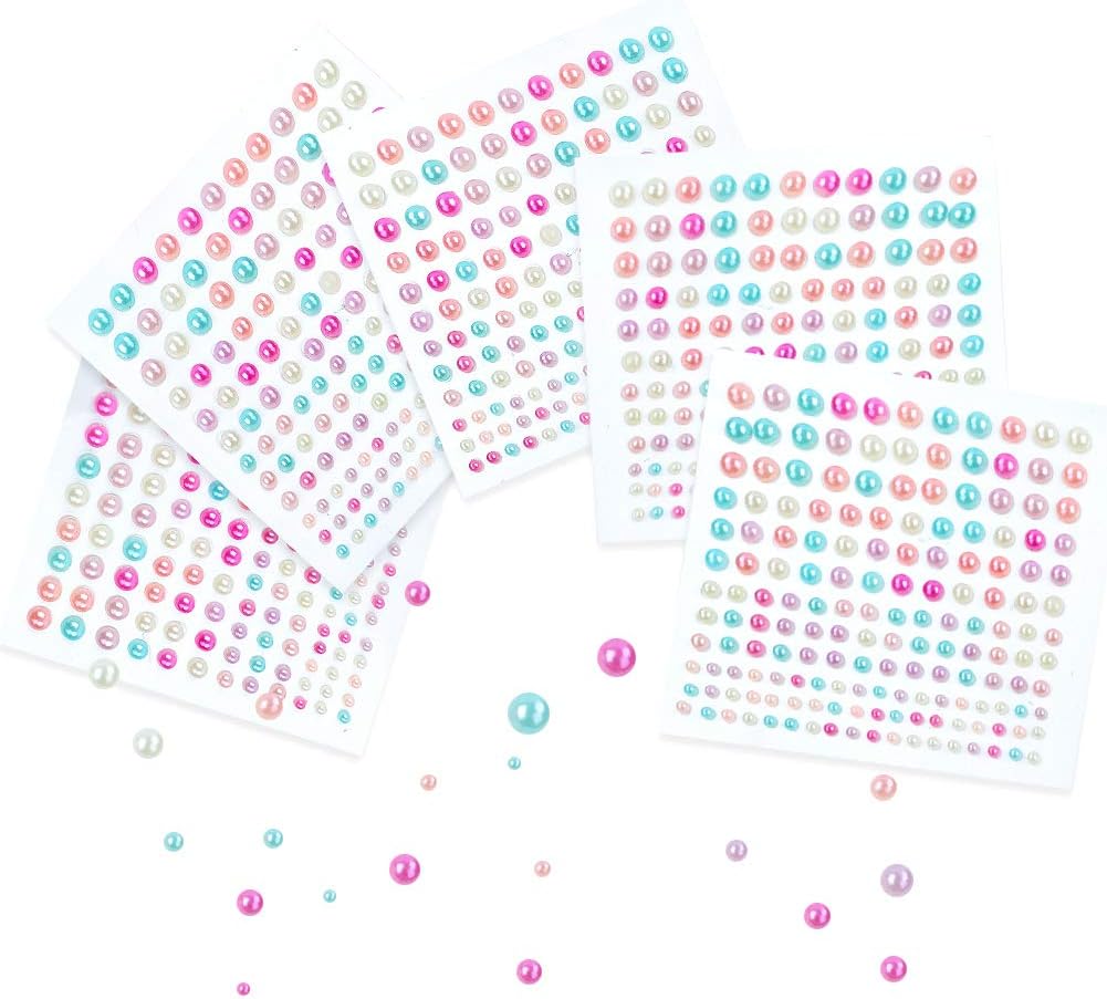 990 Pcs/6 Sheets Self Adhesive Pearl Stickers,White/Colorful Flat Back Pearl Sticker for Cell Phone Beauty Makeup Nail Face Crafts Scrapbooking Home Decor,Assorted Size Colorful