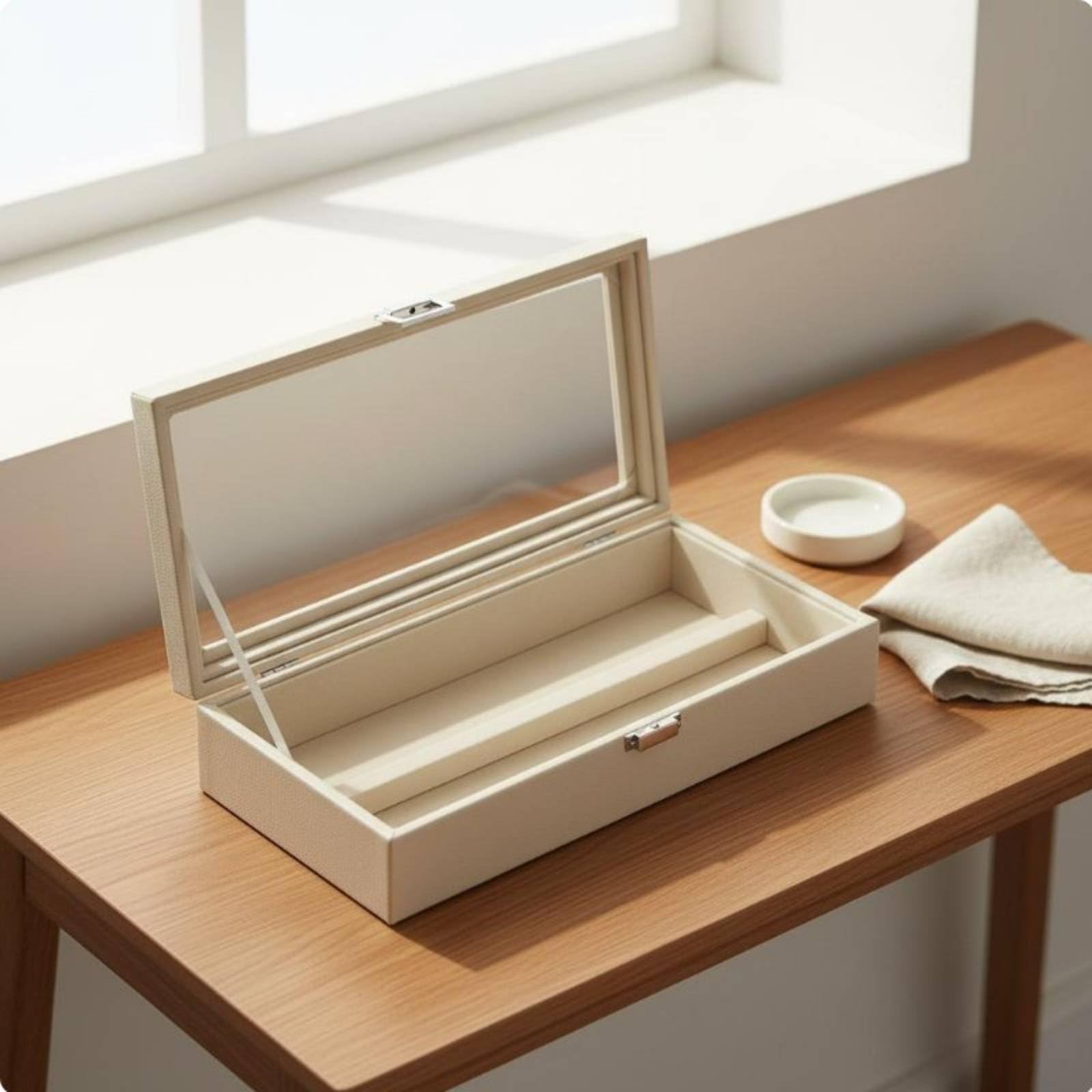 harayaa Brillen Aufbewahrungsbox Brillenetui Brillenorganizer Sonnenbrillenbox Schmuckkasten mit Pu Und Samt Futter Transparenter Deckel Und Metallverschluss, Weiß, Leder