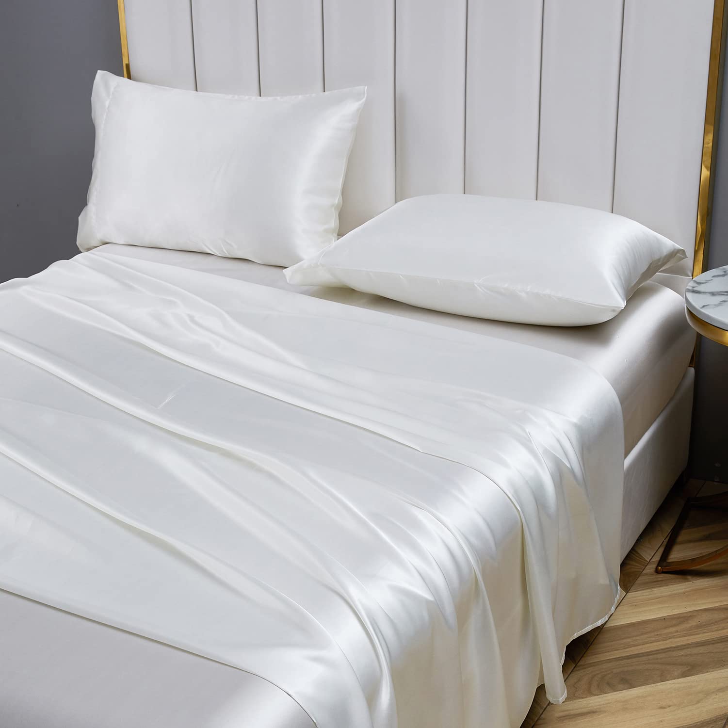 Jemiipee Juego de Sabanas de 4 Piezas Raso Cama 200 Color Sólido 200x200 cm para Colchón de hasta 36 cm de Altura - Sábana Bajera Ajustable, Encimera y 2 Funda de Almohada - Marfil