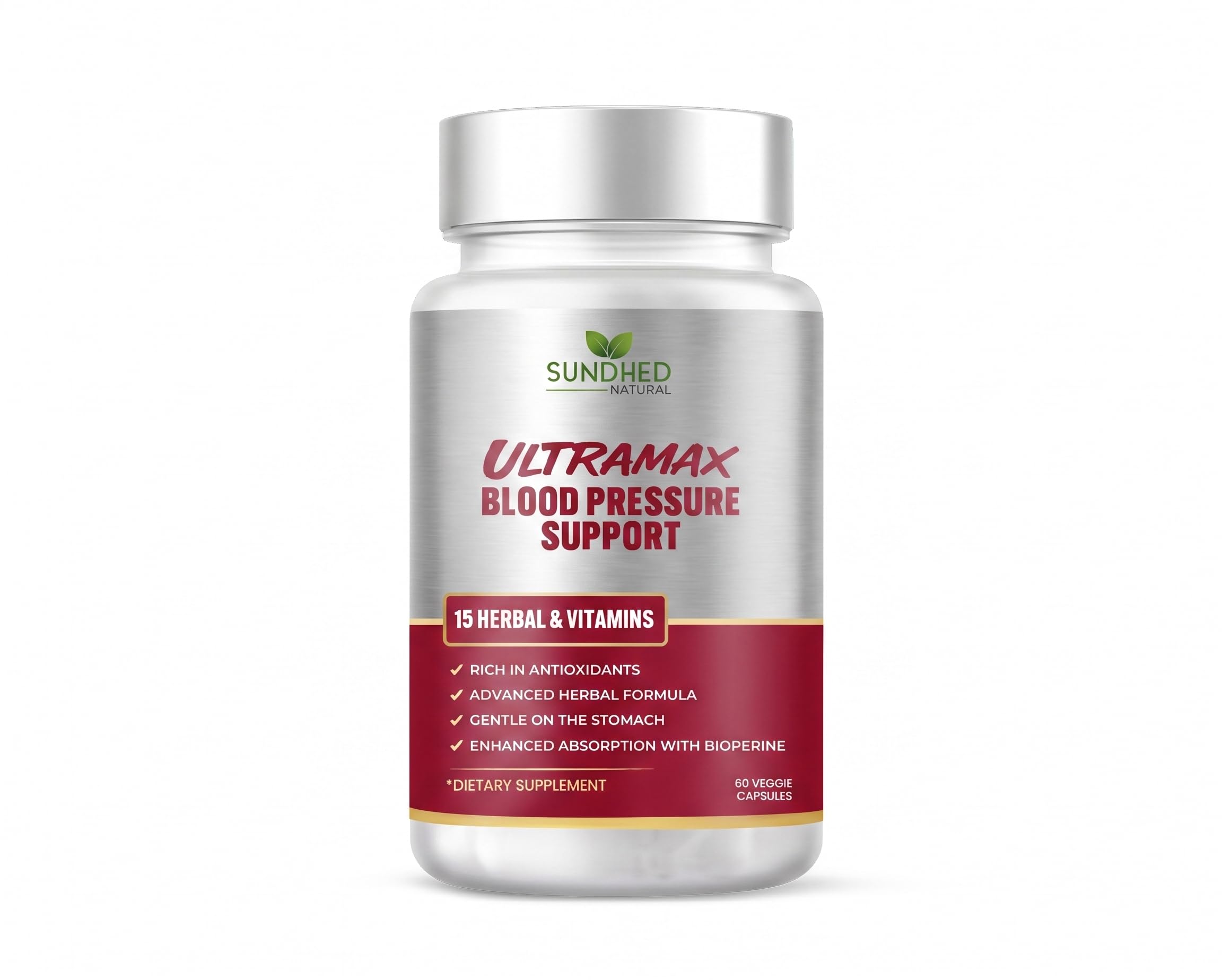 Sundhed Natrual UltraMax Blood Pressure with Bioperine for Enhanced Absorption, Hawthorn Berry Capsules - Multivitamin - 60 Capsules