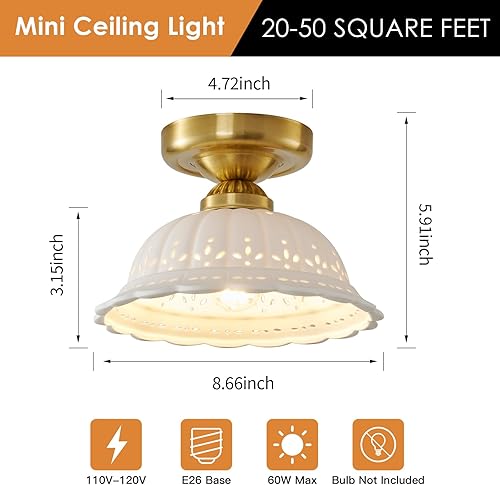 Miniatura 4 de Lámpara de techo semiempotrada de cerámica vintage, paquete de 2, lámpara dorada para pasillo, pequeña lámpara de techo de mediados de siglo,