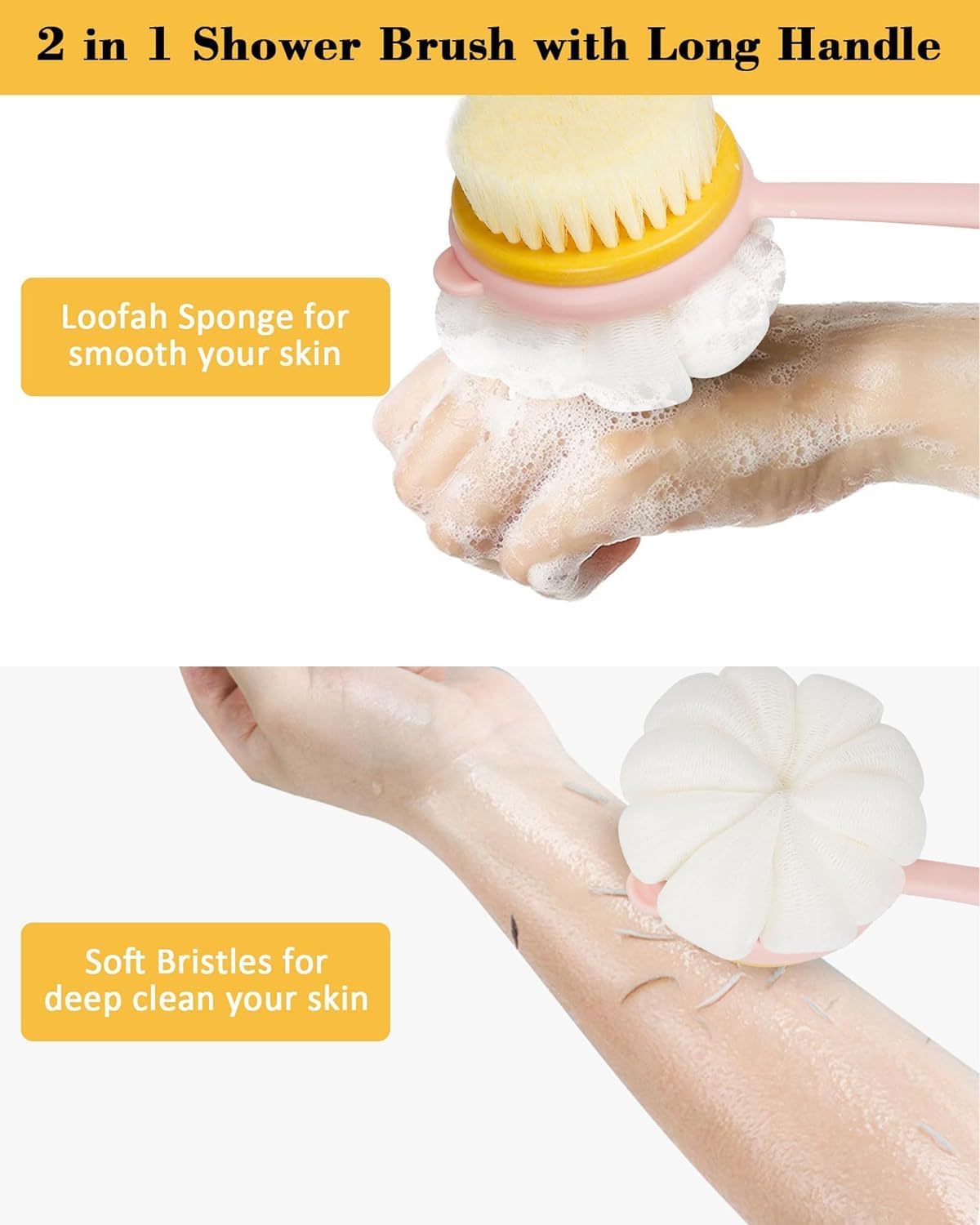 MANTHUMI 2-in-1 Body Bathing Brush with Soft Bristle and Loofah Body Back Scrubber Brush Massage Brush bath scrubber for body Exfoliating and Cleansing - Handle Shower bath Brush for Smooth, Glowing Skin for men & women 4