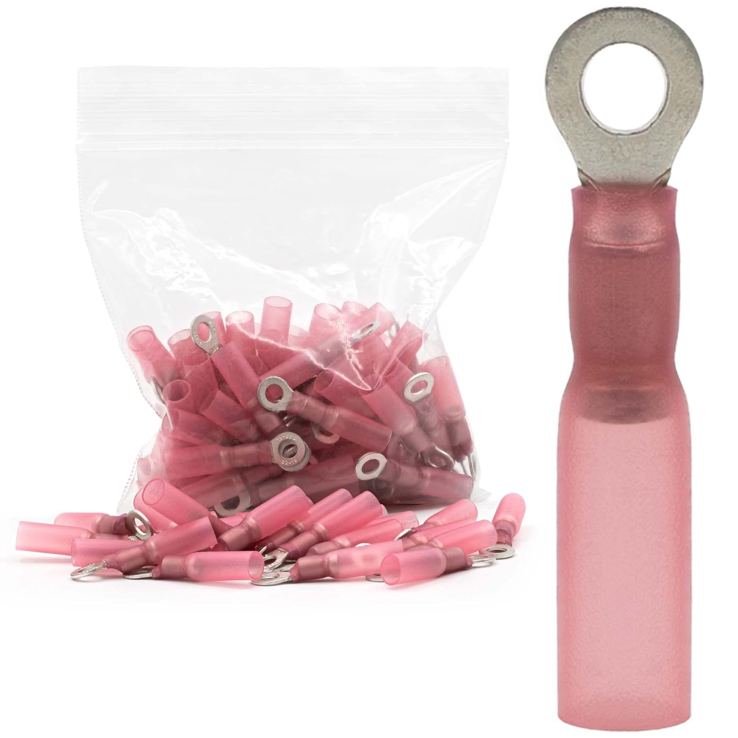 Heat-Shrink Insulated Marine Grade #8 Ring Crimp Terminals 100pcs Tinned Ring Terminal Eyelet Wire Connectors Red 22-18awg