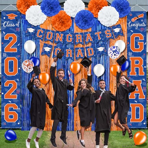 Image of Graduation Party Decorations Class of 2026, Graduation Decorations with Congrats Grad Banner Fringe Foil Curtain Paper Flower Ball Balloons for High School College Grad Party Supplies, Blue Orange