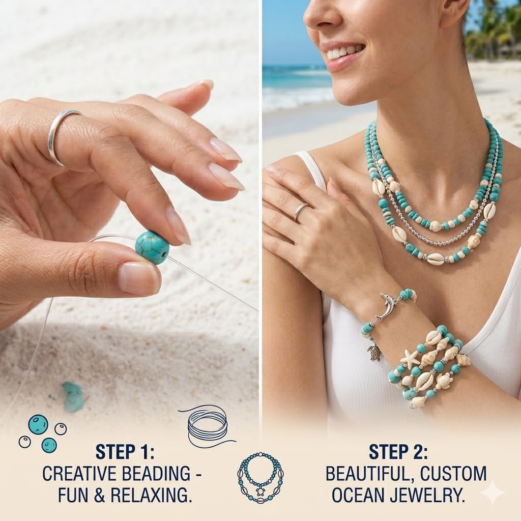 490+PCS Ocean Jewelry Making Kit, Turquoise Sea Turtle Starfish Beads and Shell Charms, Beach Bracelet Making Kit with A Elastic String, Sea Animal Beads for DIY Bracelets Necklaces（490+pcs）