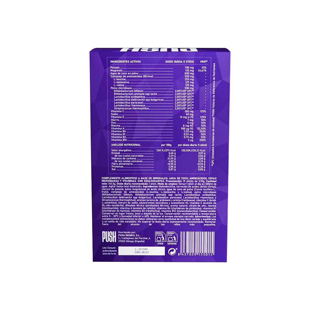 PUSH Hidratación Avanzada - 15 Sticks - Agua de Coco Natural, Electrolitos, Probióticos, Hierro, Zinc, Vitaminas y BCAAs. Sin cafeína, Sin Azúcar añadido (15 STICKS, WILDBERRIES)