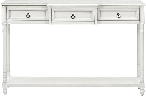 Miniatura 3 de Merax Mesa consola decorativa de granja, mesa de entrada larga con 3 cajones y estante inferior, mesas de vestíbulo para pasillo (blanco antiguo)