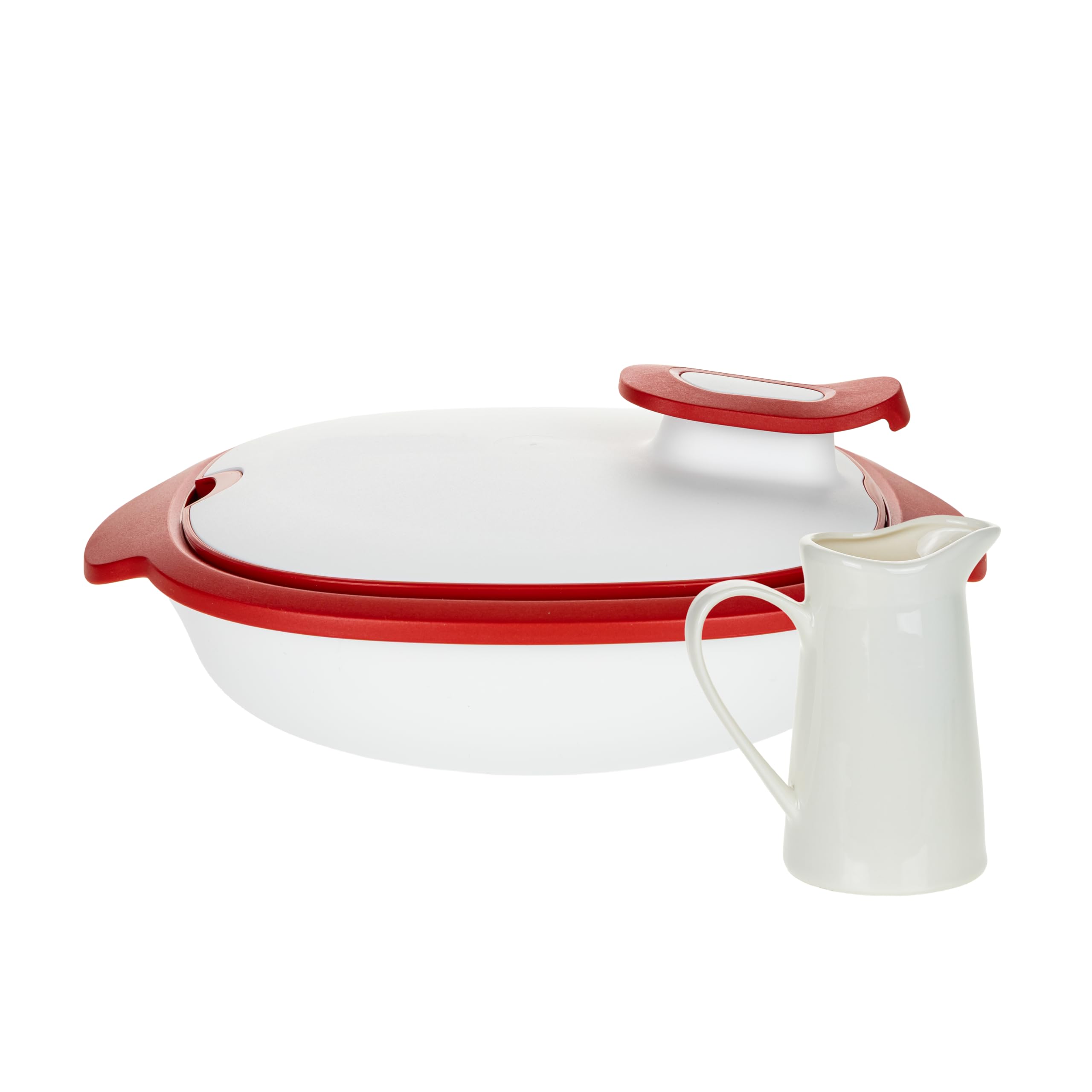 Tupperware Thermo Tup 1,4 l Weiß Rot Warmie Tup Thermo-Duo Servierbehälter Lebensmittelbehälter Set Innenschüssel 1,3 l (inkl. 1x Geschenk-Artikel)