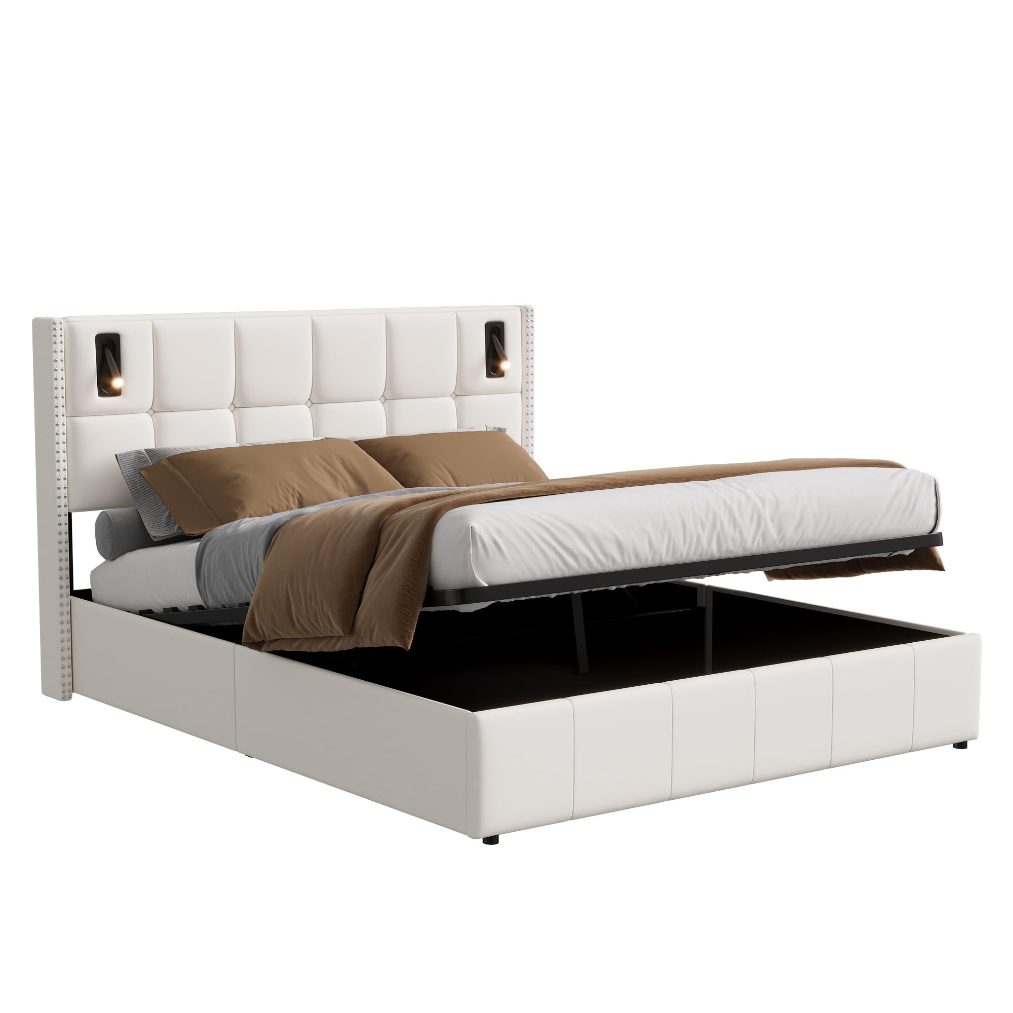 Cama Canapé Abatible 160x200 cm de Terciopelo Beige, Cama Tapizada de con Almacenaje Hidráulico, Cabecero con Luces LED de Lectura Regulables, Estructura de Madera y Somier de Láminas, Sin Colchón