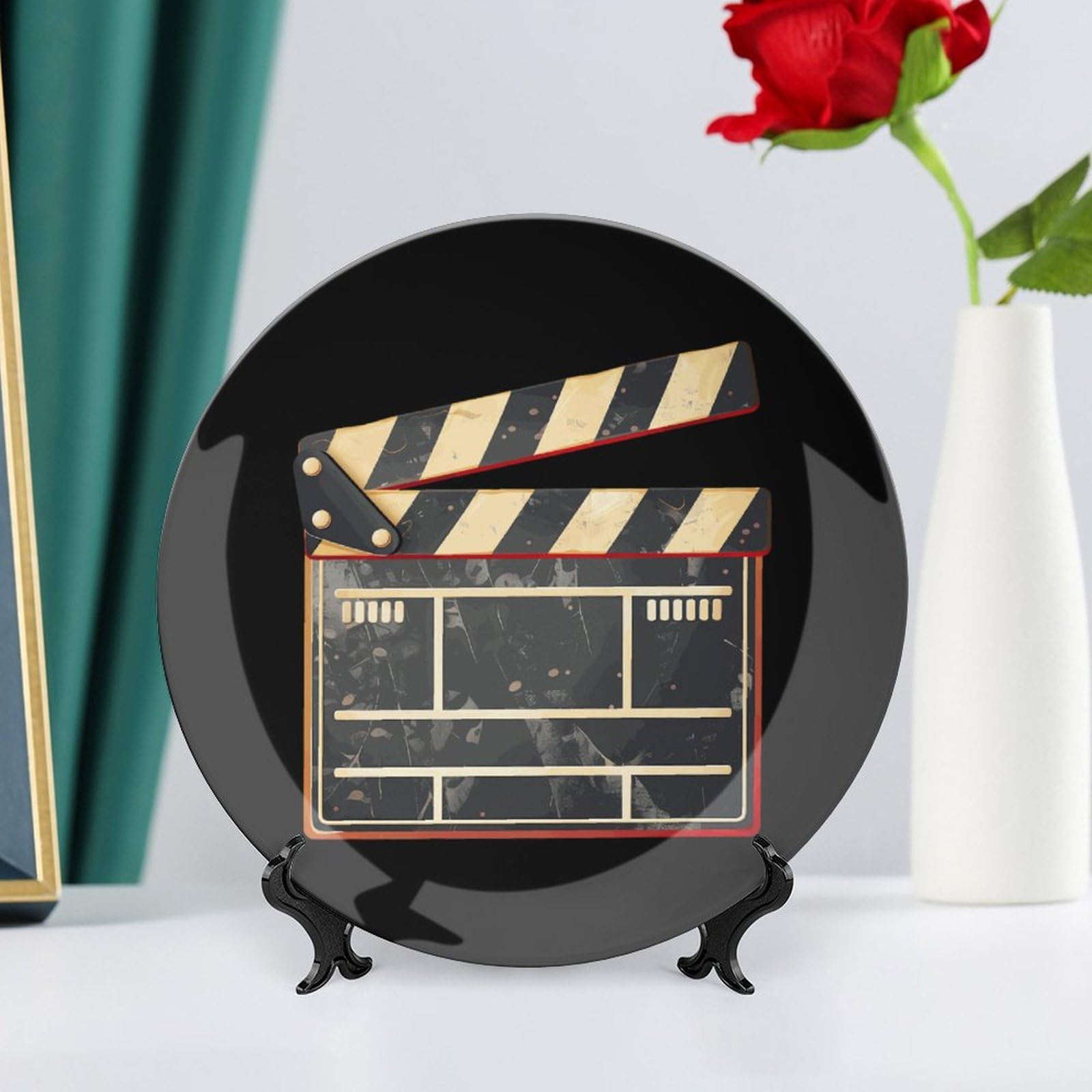 Piatto decorativo con ciak da cinema con espositore, piatto in ceramica, piatto in porcellana per decorazioni per feste e matrimoni
