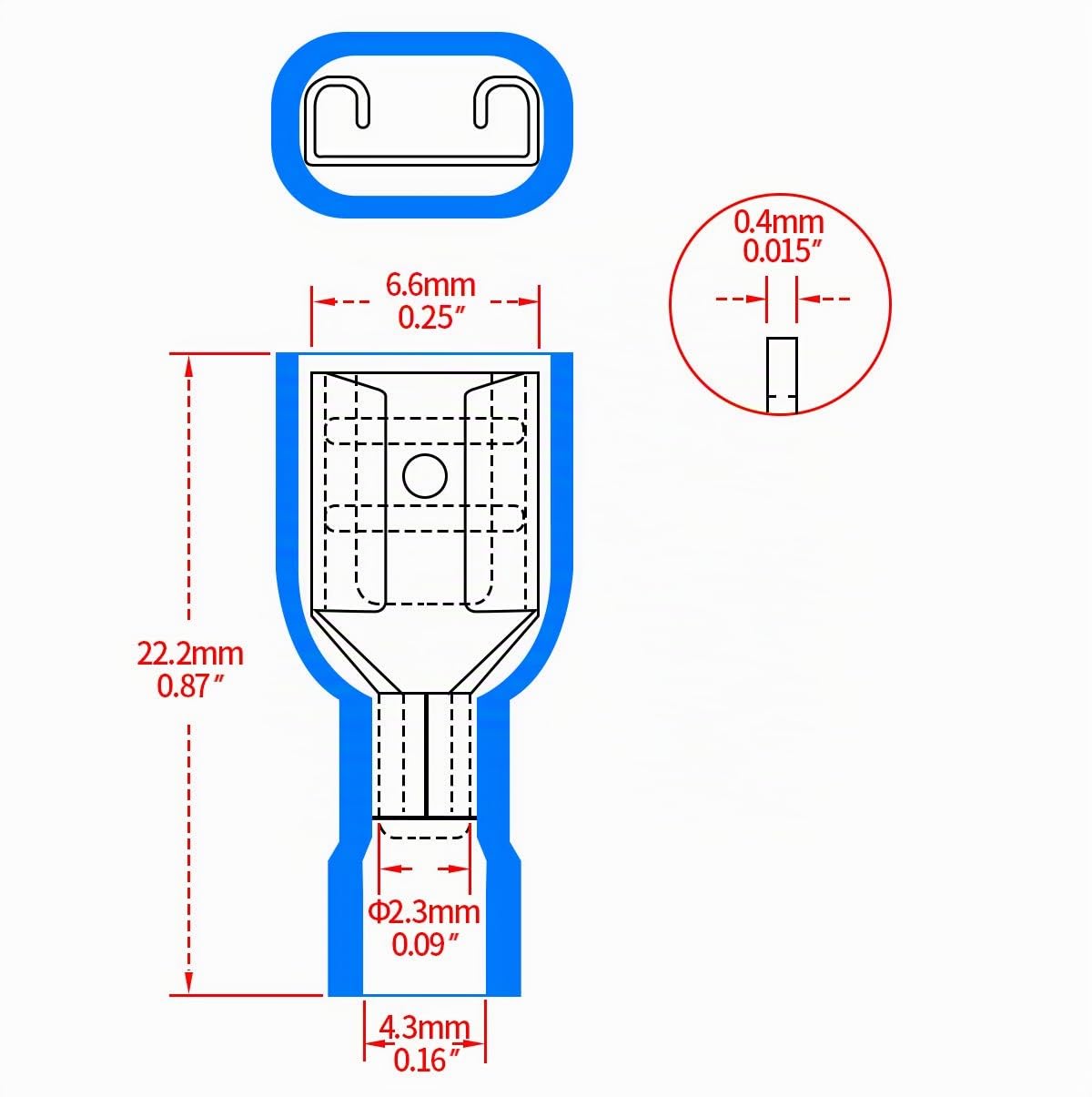 Heschen 100 terminali per cavo femmina in vinile completamente isolati, 6,3 x 0,8 mm, per 1,5 – 2,5 mm² (16 – 14 AWG) blu