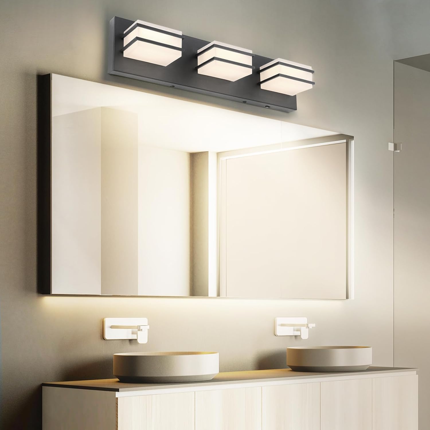 3 Color Temperature Dimmable Bathroom Light Fixtures over Mirror LED Black Vanity Acrylic Stainless Steel Square Shade Lights for Bathroom, ETL Certificated, VL5518