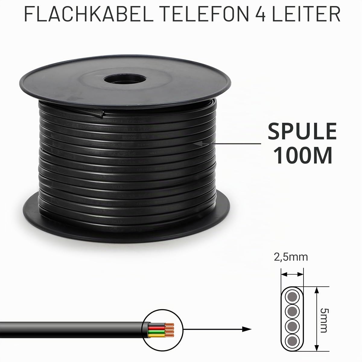 Waytex 36100 Telefonkabel, flach, Schwarz, 4-adrig, Spule, 100 m, für RJ11-Telefonanschluss