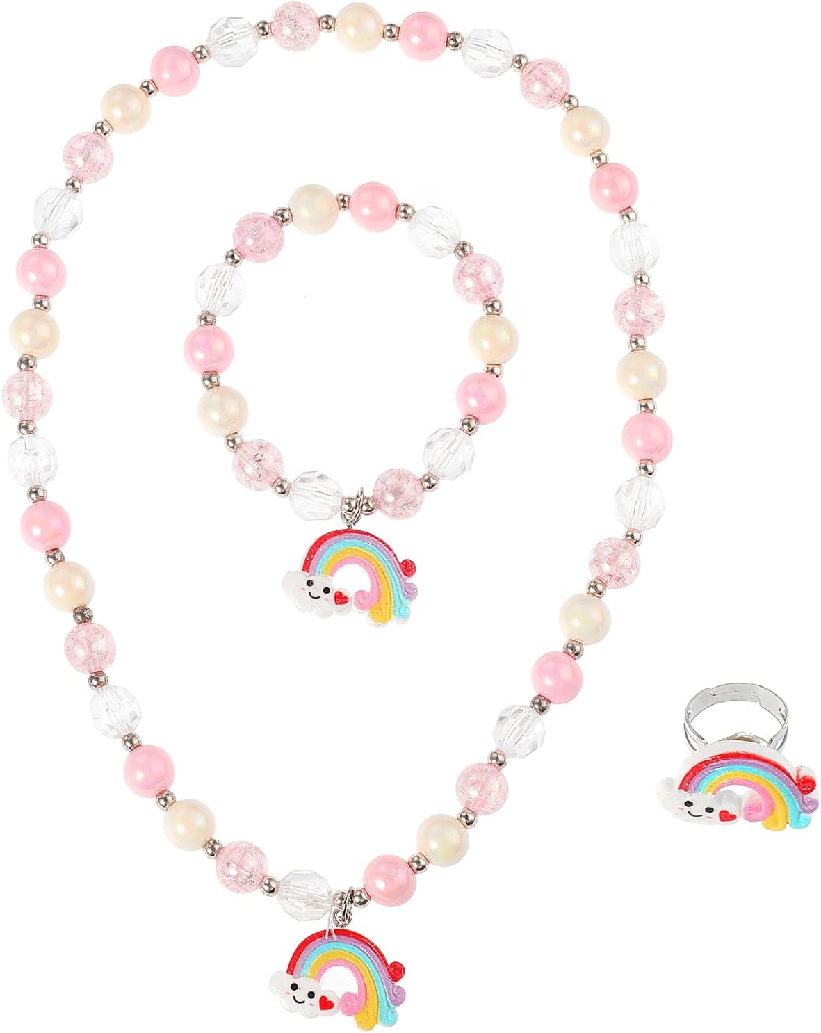 Abeillo Girls Rainbow Jewellery Sets, Cute Rainbow Neckace Bracelet and Ring for Kids,Princess Girls Pretend Play and Dress up Jewellery Set Great Children Jewelry Party Gift