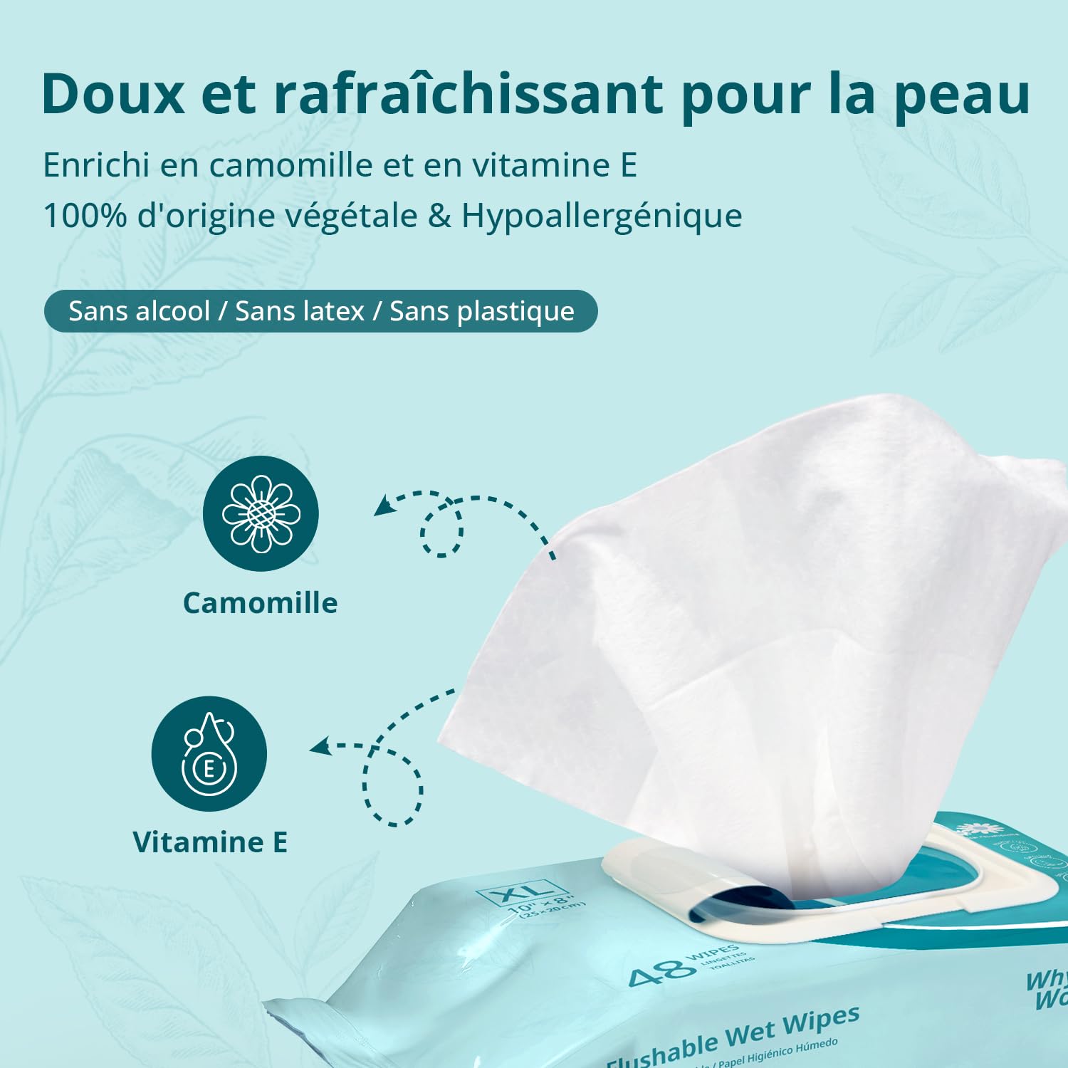 WhyWorry XL Papier Toilette Humide 20x25 cm pour Adultes, Extra Épais Lingettes Nettoyage Jetable dans les Toilettes, Camomille et Vitamine E, 100% Végétales, Sans Parfum, 144 Unité (3 Paquets de 48)