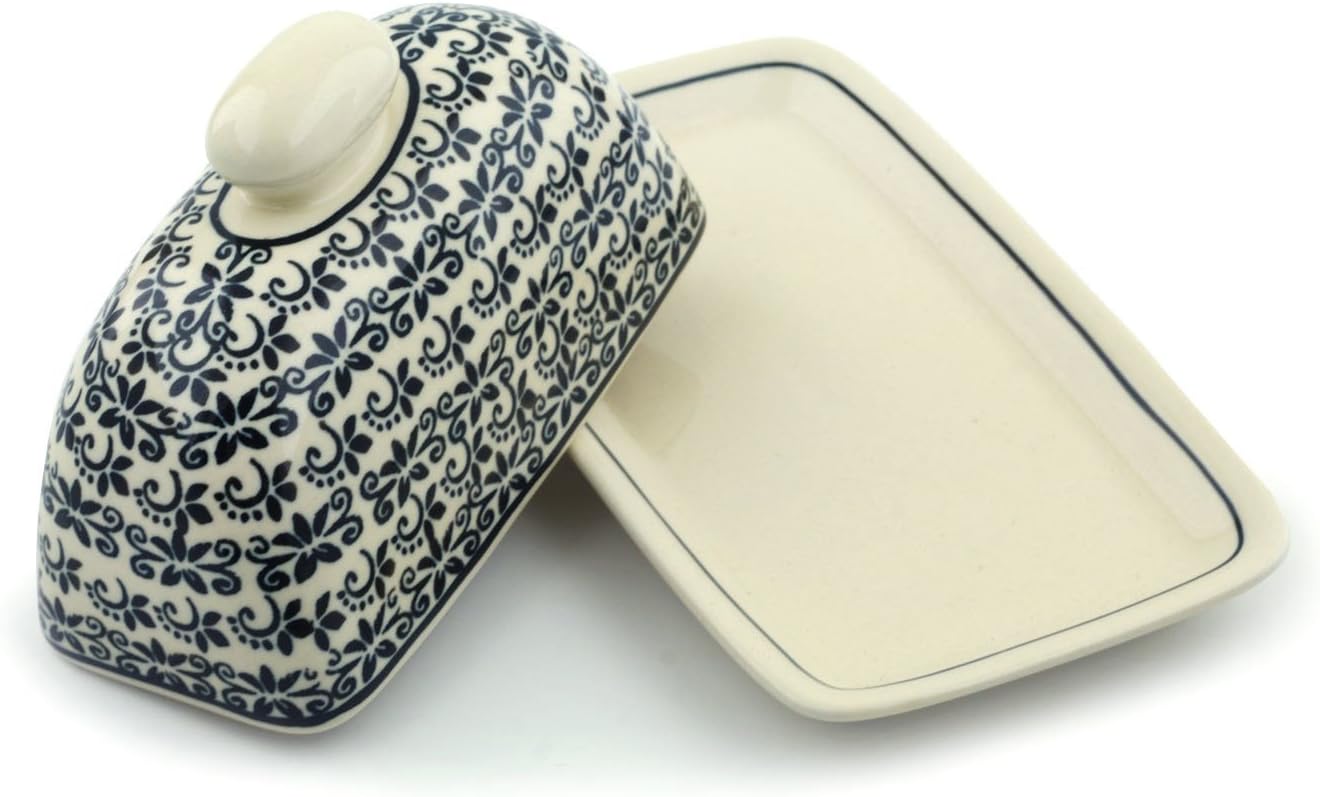 Polmedia Polish Pottery Butter Dish - Black Lace Vines Pattern Handmade in Boleslawiec Poland + Certificate of Authenticity