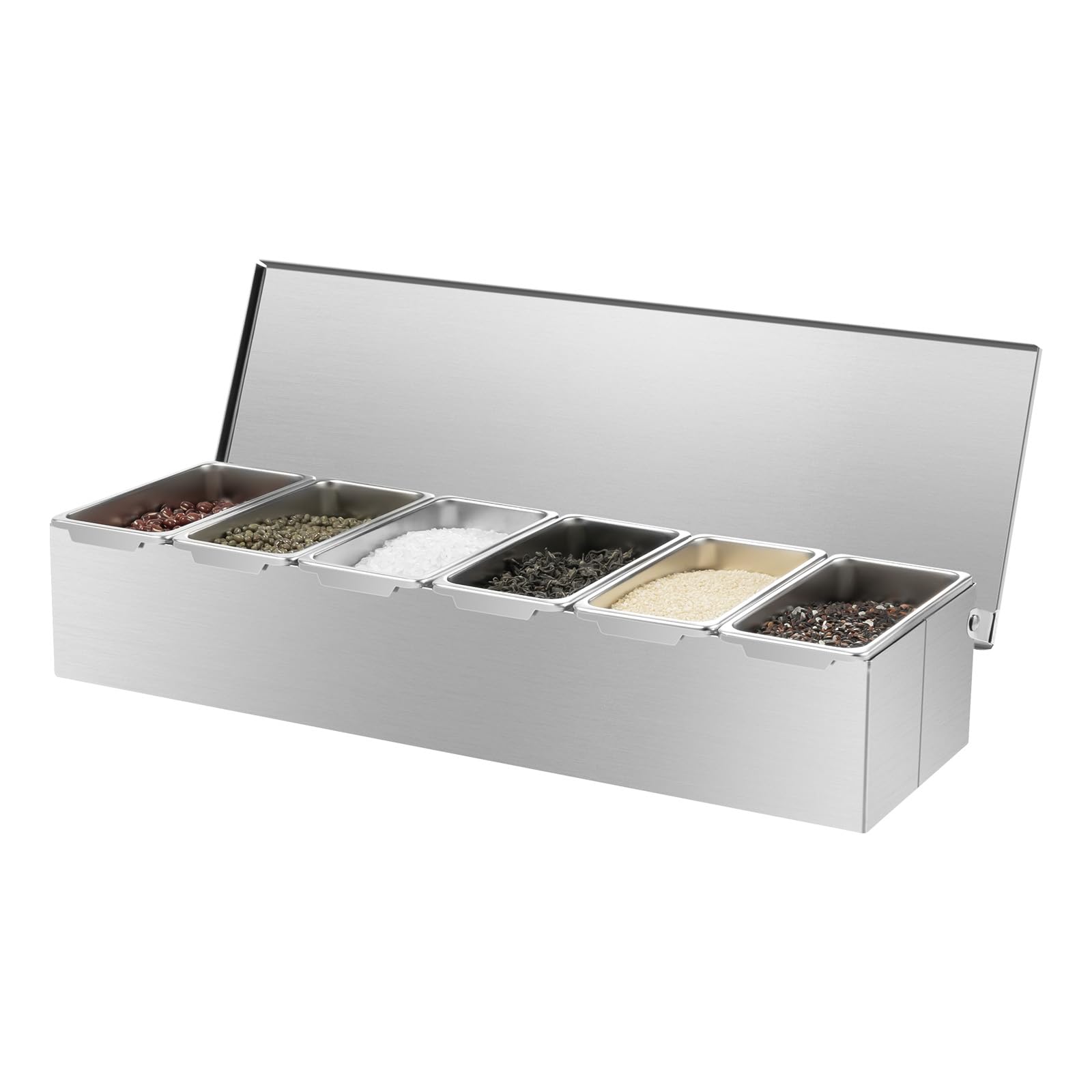 Portaspezie con 6 scomparti, in acciaio inox, colore argento, con inserti rimovibili, lavabile in lavastoviglie, dispenser per spezie da 46 cm, per cucina e gastronomia