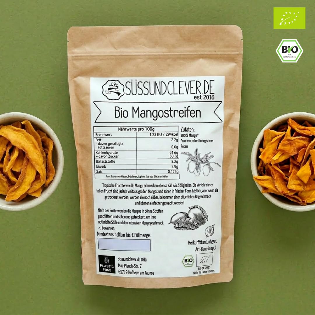 süssundclever.de® | Bio Mango, getrocknet | 1,0 kg | Mangostreifen | Sorte: Brooks | plastikfrei und ökologisch-nachhaltig abgepackt | getrocknete Mango Streifen