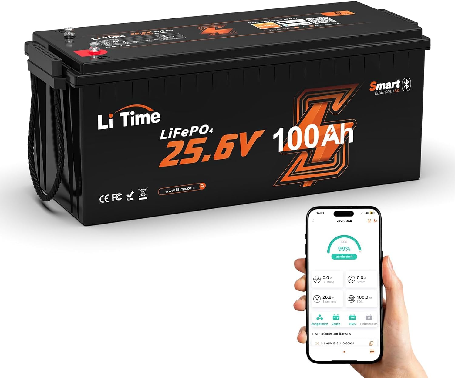LiTime 24V 100Ah Lifepo4 Batteria Bluetooth e Protezione dalle Basse Temperature, Batteria Litio con 100A BMS, Max. 2560Wh, 4000+ Cicli, Perfetta per Sostituire le Batterie al Piombo, per Camper