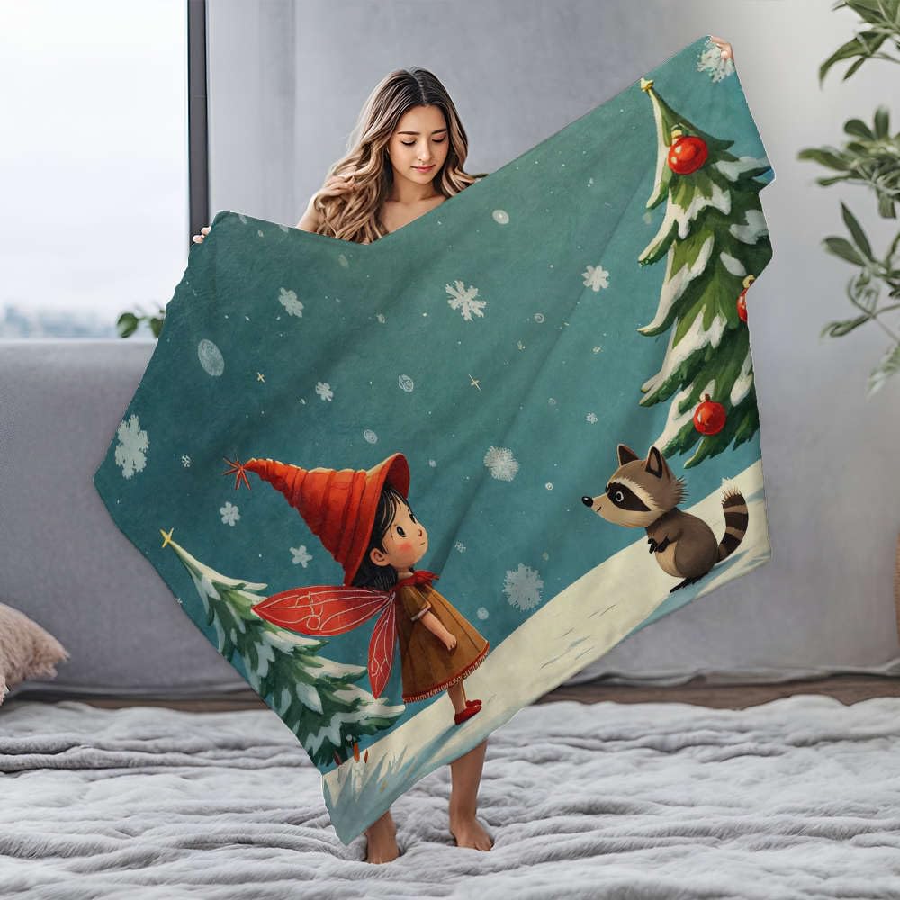 Couverture flanelle raton laveur et fée pour cocooning d'hiver au chaud au salon 125x150