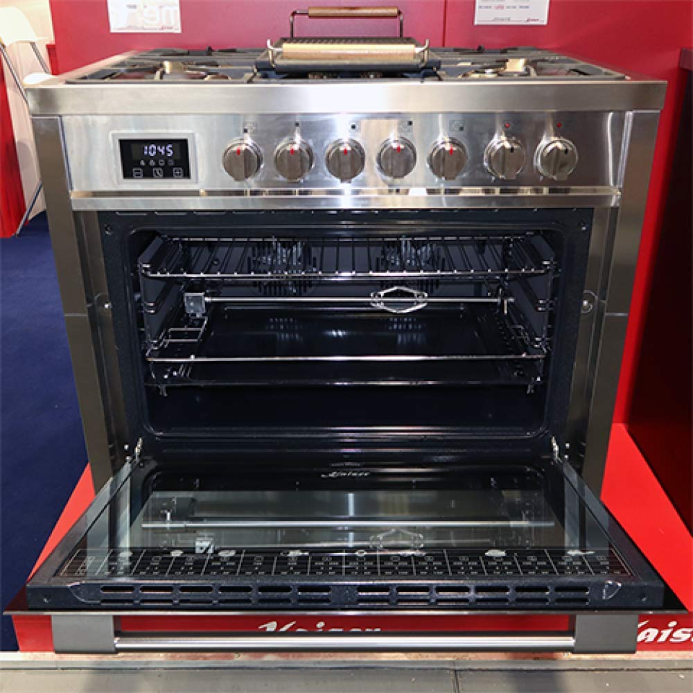 Kaiser Gasherd 90 cm HGE 93505 R Turbo Freistehender Gas-Standherd mit Elektro Backofen XXL 115L · Herd Gaskochfeld 5 Brenner Turbo-Wok + Elektrobackofen 8 Funktionen · Edelstahl/Gusseisen