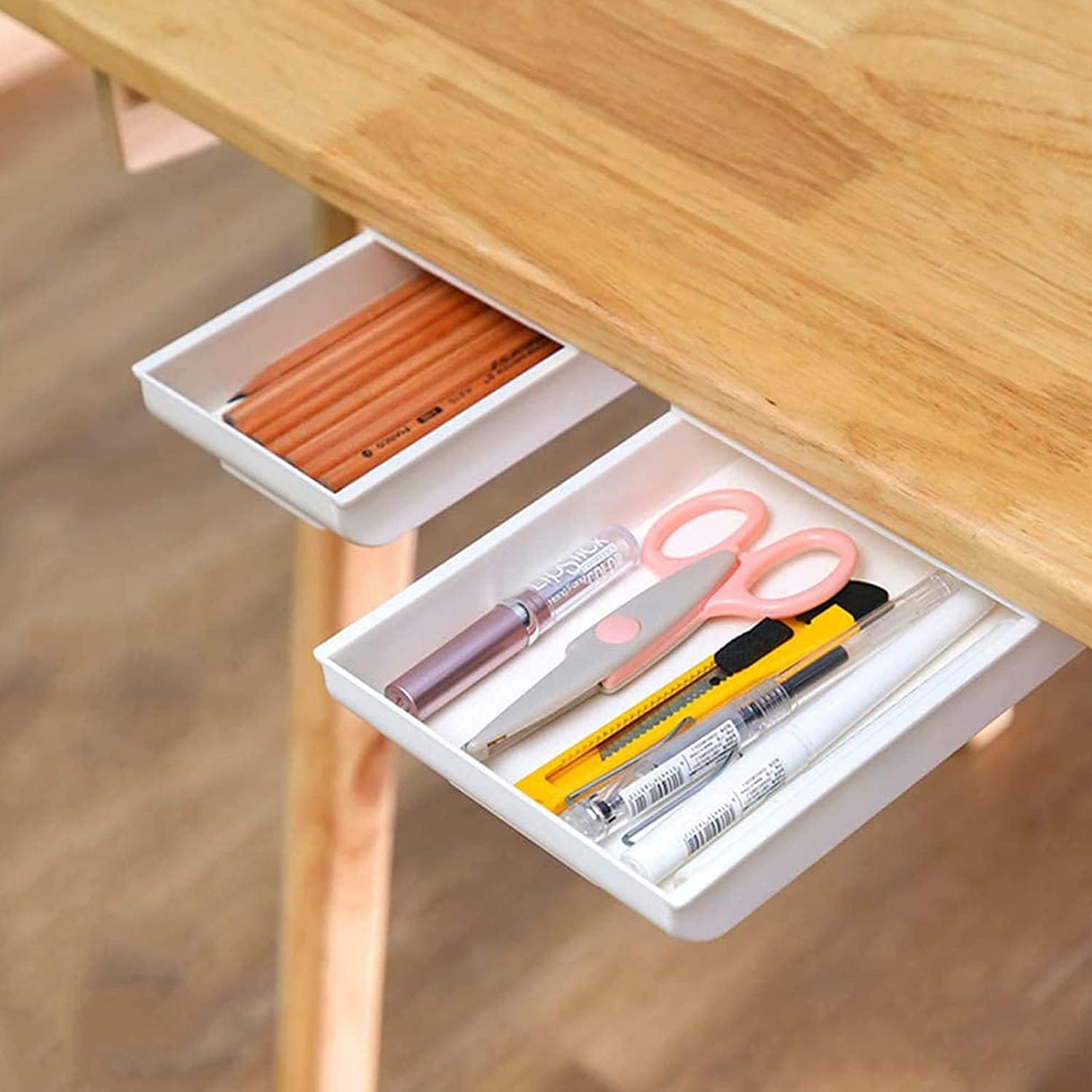2 Pack-Under Desk Storage Desk Drawer Attachment Hidden Pen Workspace Organizers Desk,Desk Drawer compatible with Phone/Pens/Pencils/Keys/Cutlery and More (White)