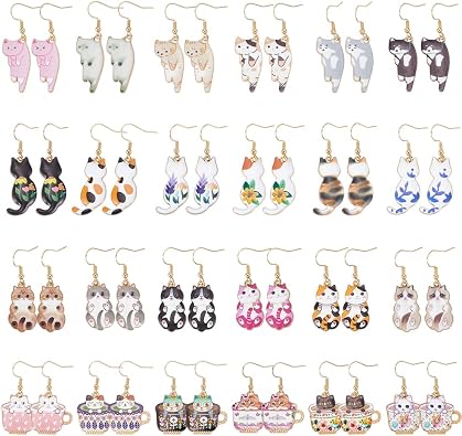 WADORN 24 Pairs Cute Cat Dangle Earrings, Lightweight Kawaii Aesthetic Alloy Funny Cartoon Kitten for Women Aesthetic Animal Floral Teacup Cat Earrings for Animals Cat Lover Birthday Party Gifts