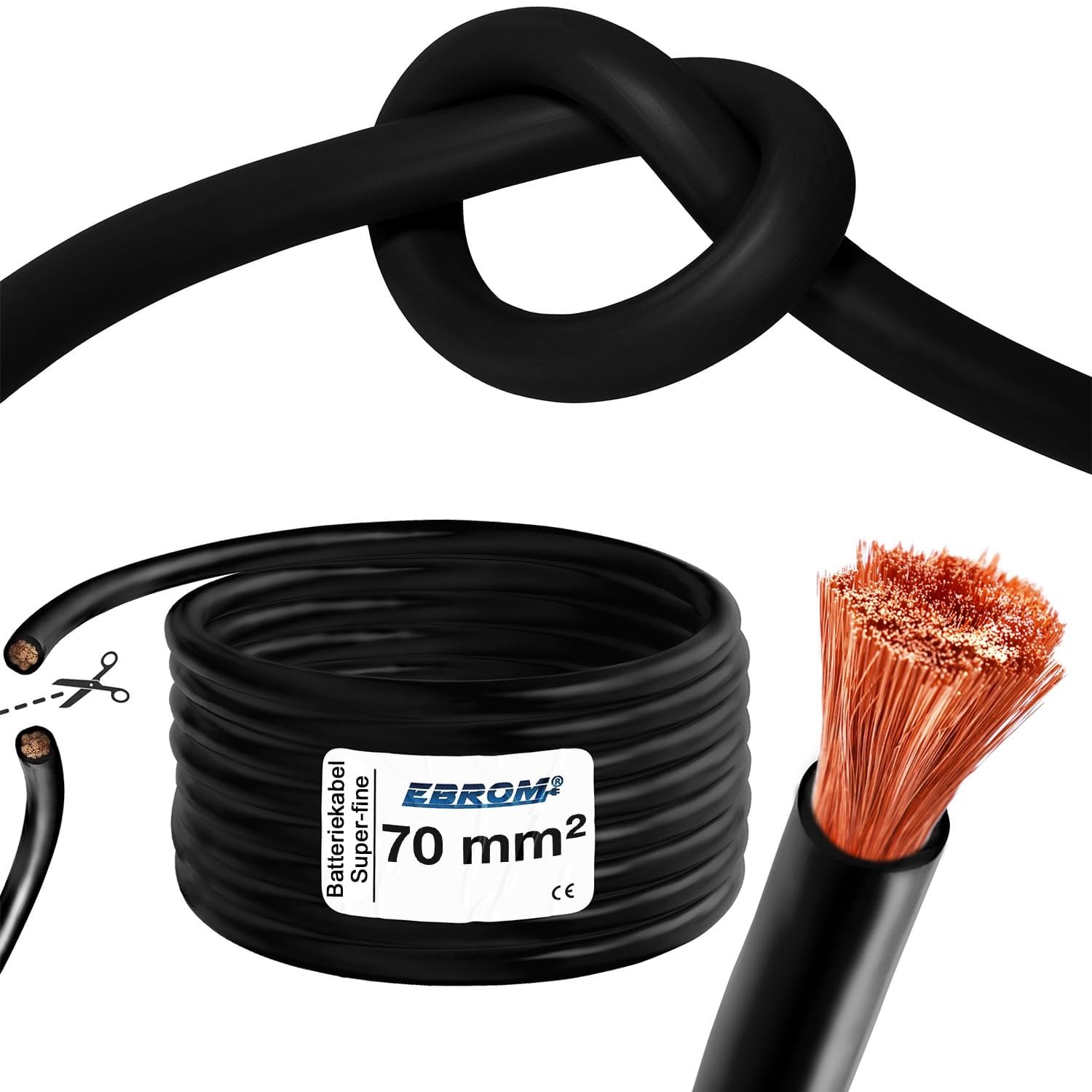 EBROM Cable de batería 70 mm² cobre fino negro muy flexible extremadamente flexible, PVC blando, cobre completo retorcido fino OFC 99,9% por metro en longitud 70mm2 70 mm2 para inversores