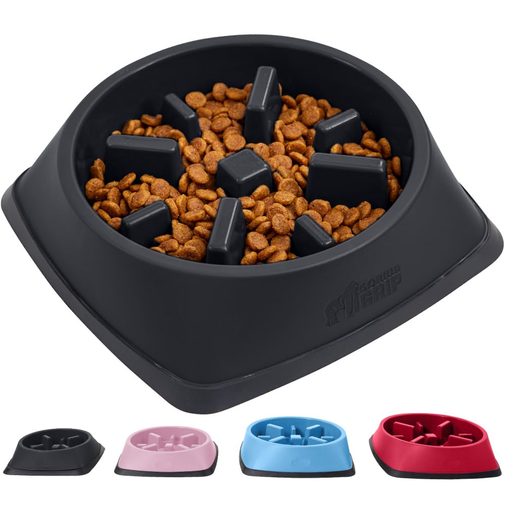 Gorilla GripPatent Pending Slow Feeder Dog Bowls, Interactive Puzzle Toy for Dogs and Cats Food Training, Keeps Pets Busy and Prevents Puppy Overeating, All Breeds, 100% BPA Free, 2 Cup, Black
