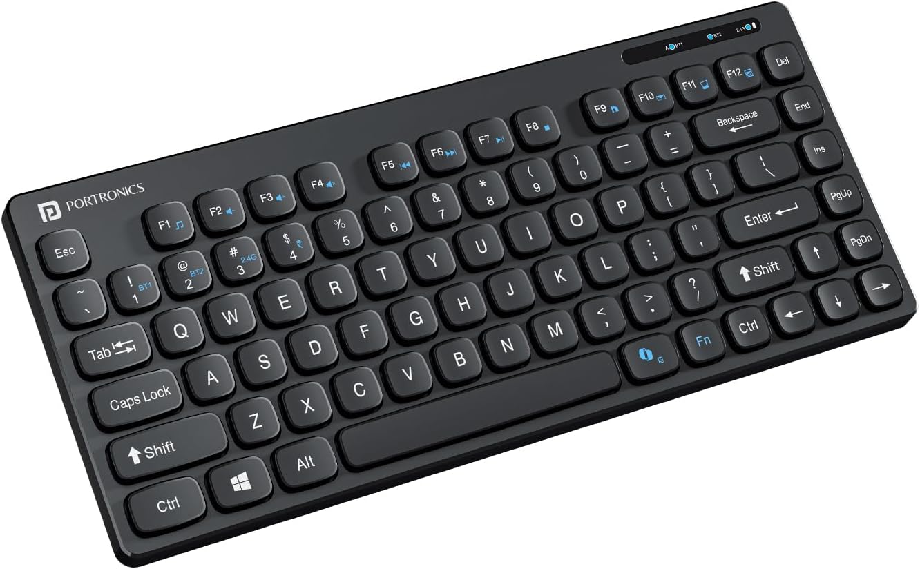 Portronics Bubble Multimedia Wireless Keyboard with 2.4 GHz and Bluetooth 5.0 Connectivity, Noiseless Experience, Compact Size, Shortcut Keys Function for iOS iPad Air, Pro, Mini, Android, Windows Tablet PC Smartphone Small Black