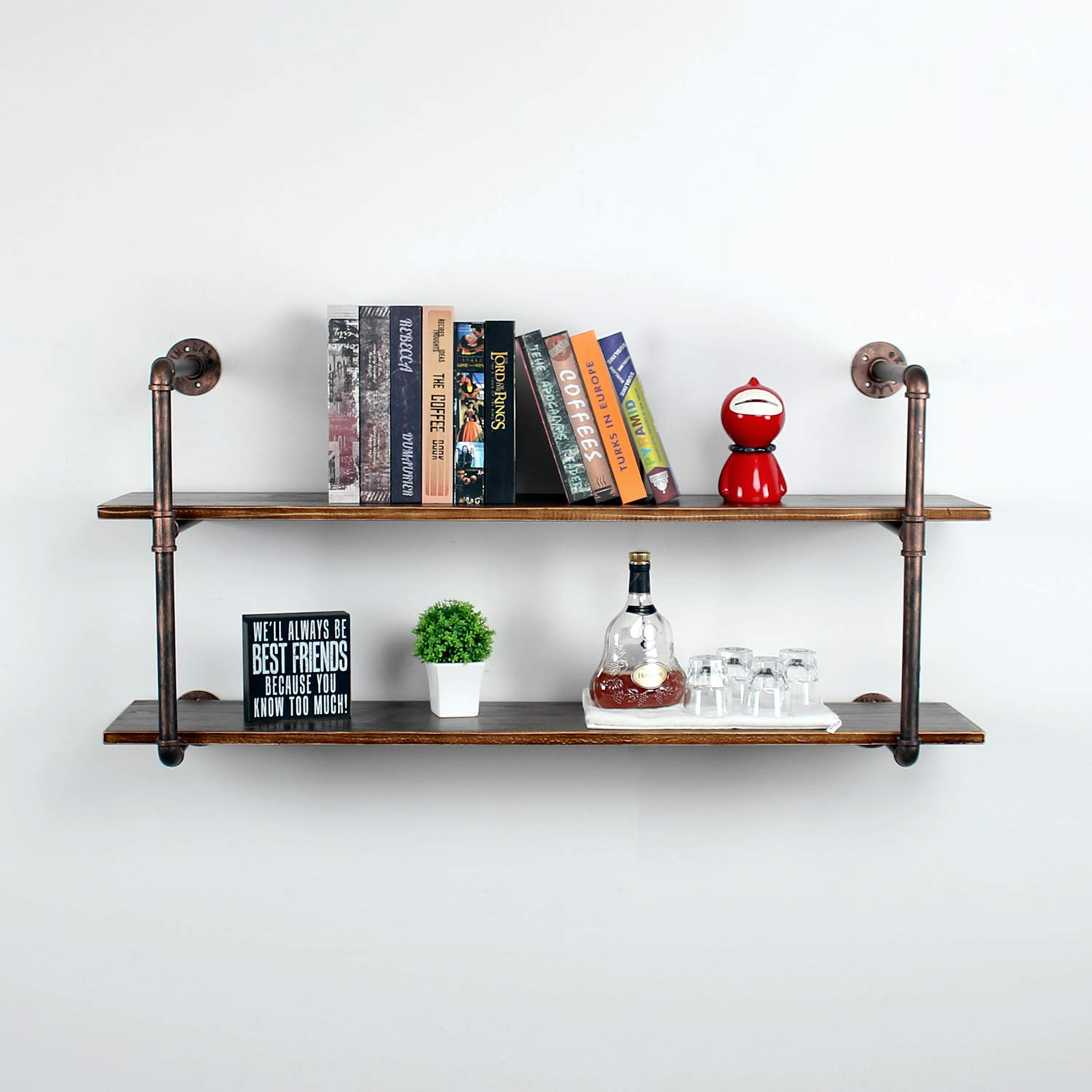 Buy Weven 48" Industrial Pipe Bookshelf Wall ed,2 Tier Rustic Floating