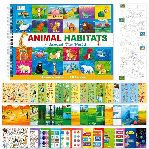 Animal Habitat Sticker Book, 780+ Stickers & 15 Animal Habitat Scenes, Side by Side Activity Book Funny Sticker Books Educational Game- Great for Toddlers, Kids, Boys & Girls