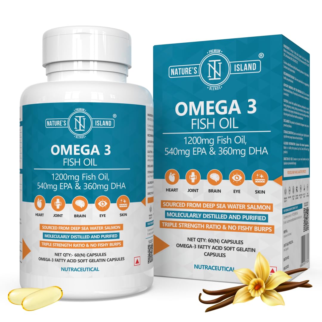 Nature’s Island Omega 3 Fish Oil 1200mg capsules for Men & Women Triple Strength Formula with 540 mg EPA & 360 mg DHA for Heart, Brain, Joints, Eyes & Skin Health | No Fishy Burps with Vanilla Flavour | 60 Capsules