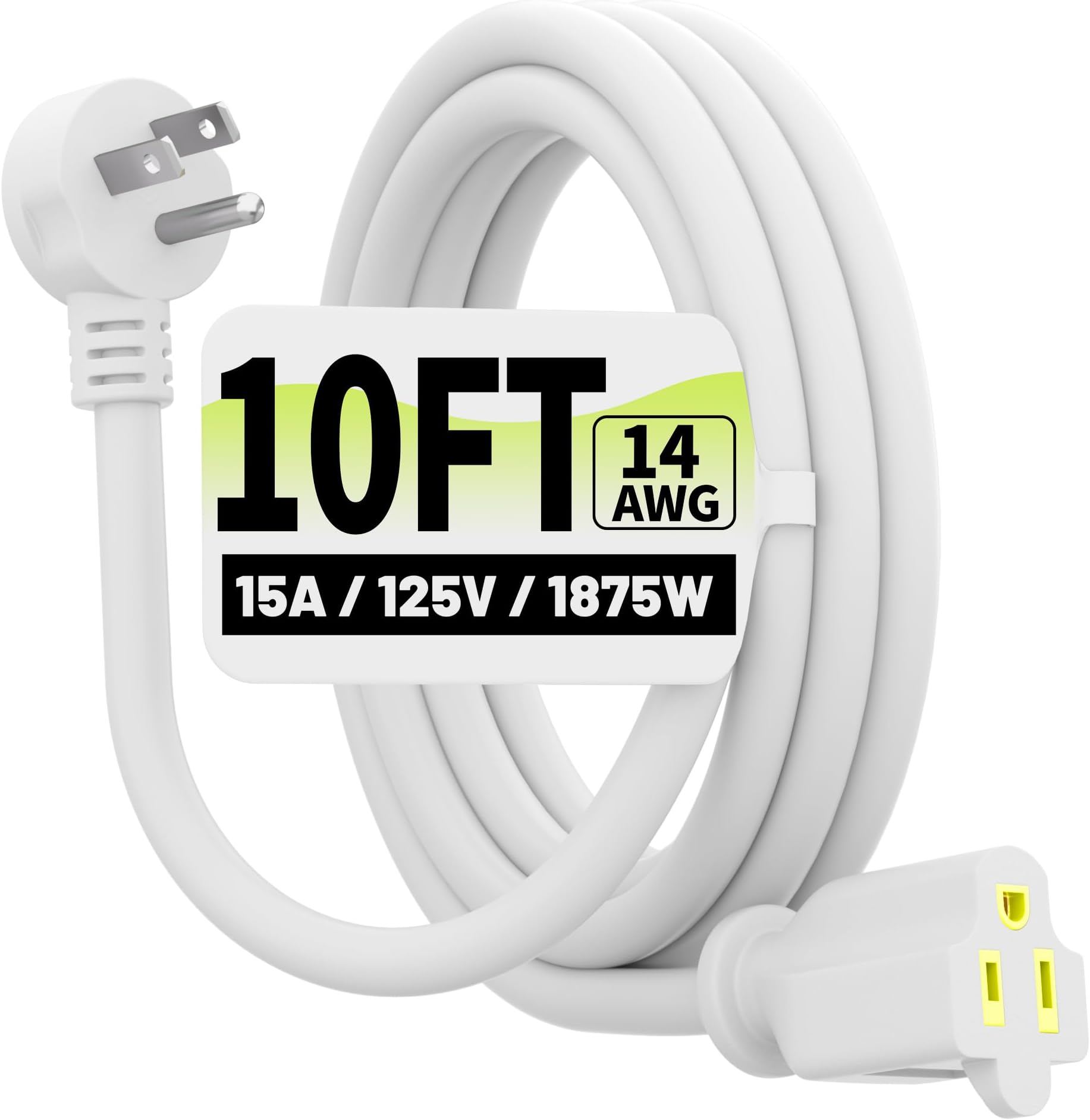 Vockjour 10 FT White Low Profile Flat Plug 14 Gauge Heavy Duty Extension Cord, 14AWG 3-Wire Grounded Appliance Extension Cord, 15A/125V/1875W SJTW ETL Listed Power Cord
