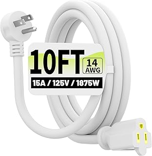 Vockjour 10 FT White Low Profile Flat Plug 14 Gauge Heavy Duty Extension Cord, 14AWG 3-Wire Grounded Appliance Extension Cord, 15A/125V/1875W SJTW ETL Listed Power Cord