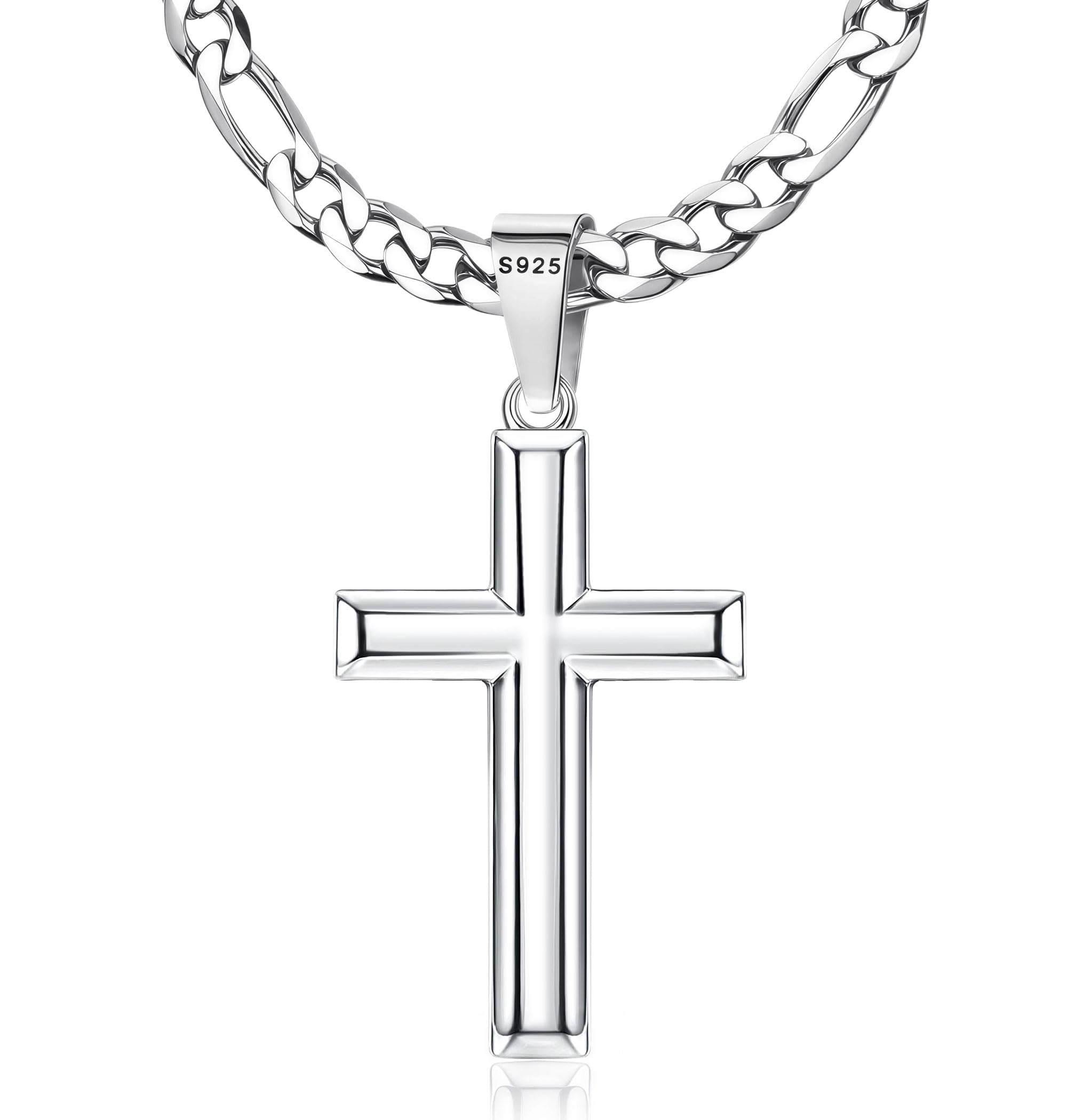 MILACOLATO 925 Sterling Silver Cross Necklace Men - Beveled Edge Cross Pendant with 5mm 316L Stainless Steel Figaro Link Chain Crucifix Necklaces Silver Jewelry for Men Women, 18-30'' Christian Baptism Stocking Stuffers Christmas Gift
