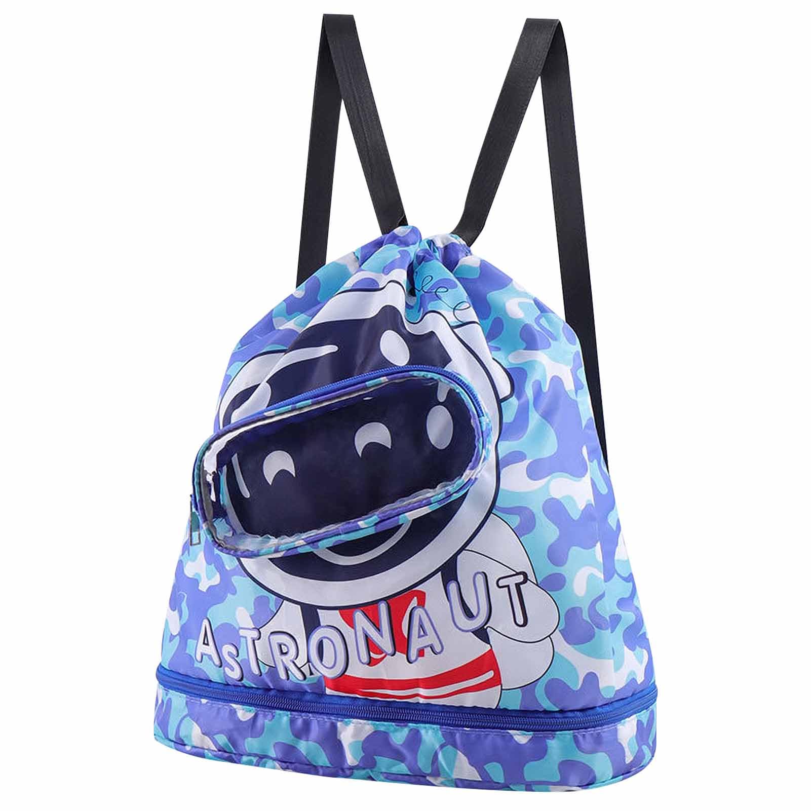 ITUBLE Blue Astronaut Swim Bags for Swimmers - Drawstring Beach Backpacks with Waterproof, Sandproof Fabric, Separated Dry/Wet Compartments, Shoe
