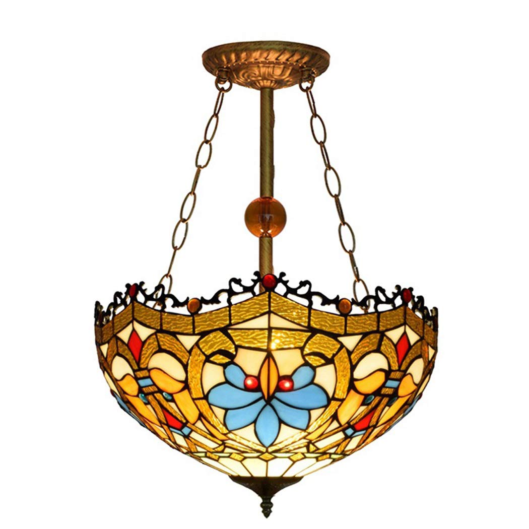 HPTHLY Tiffany- Chandelier, Baroque 16Inch Stained Glass Lampshade Inverted Hanging Ceiling Lampfor Dinner Room Living Room Bedroom E27 110-Comfortable Anniversary