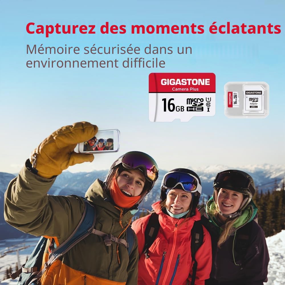 Gigastone Carte Mémoire 16 Go Lot de 2 Cartes, Caméra Plus Série, Vitesse allant jusqu'à 85 Mo/s. idéal pour Full HD Vidéo Gopro Caméra Drone, U1 C10 Carte Micro SDHC avec Mini étui et Adaptateur SD.