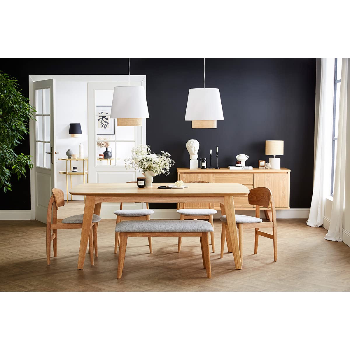 Miliboo Banc scandinave en Tissu Gris Clair et Bois Clair L92 cm ELION