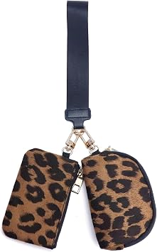 Keychain Wallet for Women - Leopard Print Mini Zip Around Wristlet with Detachable Dual Pouch & Coin Purse, Soft Warm Touch Fabric Small Portable Bag Brown