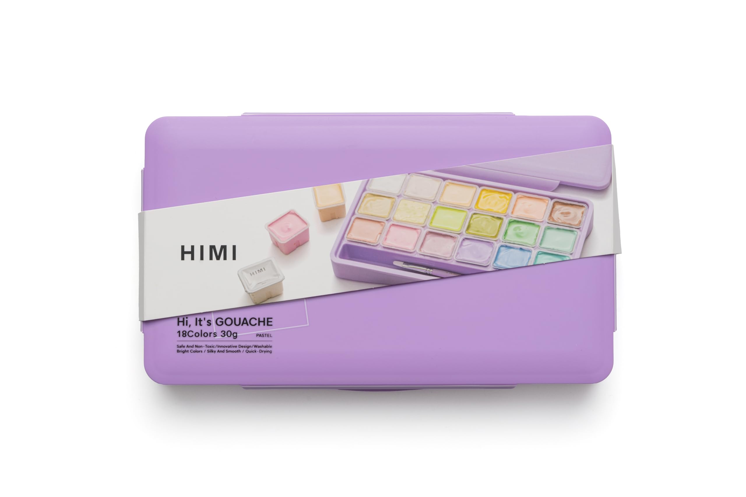 HIMI Jelly Cup Gouache Set 18 Paint Colours, 3 Brushes, Paint Pallete, Purple Case, Add Water to Reactivate, Smooth, Rich Colours, Gift, Artist Art Supplies, Large Scale Art Work to Fine Details