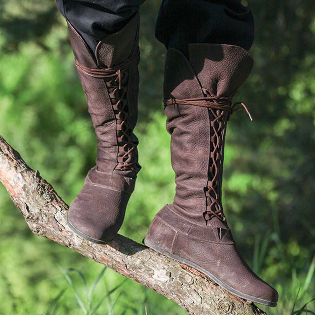 ORANDESIGNE Botas Medievales de Cuero PU Retro Mujeres Hombres Caballero Pirata Disfraz Tobillo Corto Botas de Fondo Plano Zapatos de Vendaje Gótico para Cosplay Fiesta de Carnaval