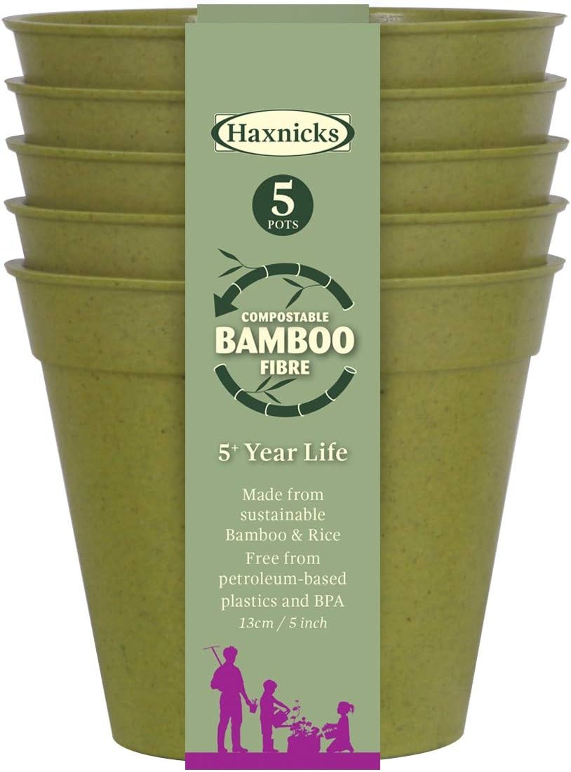 Haxnicks Sustainable Bamboo Fibre Plant Pot in Sage Green, 5 Inch Diameter, 750ml Capacity, Pack of 5, Biodegradable & Home Compostable, POT110101