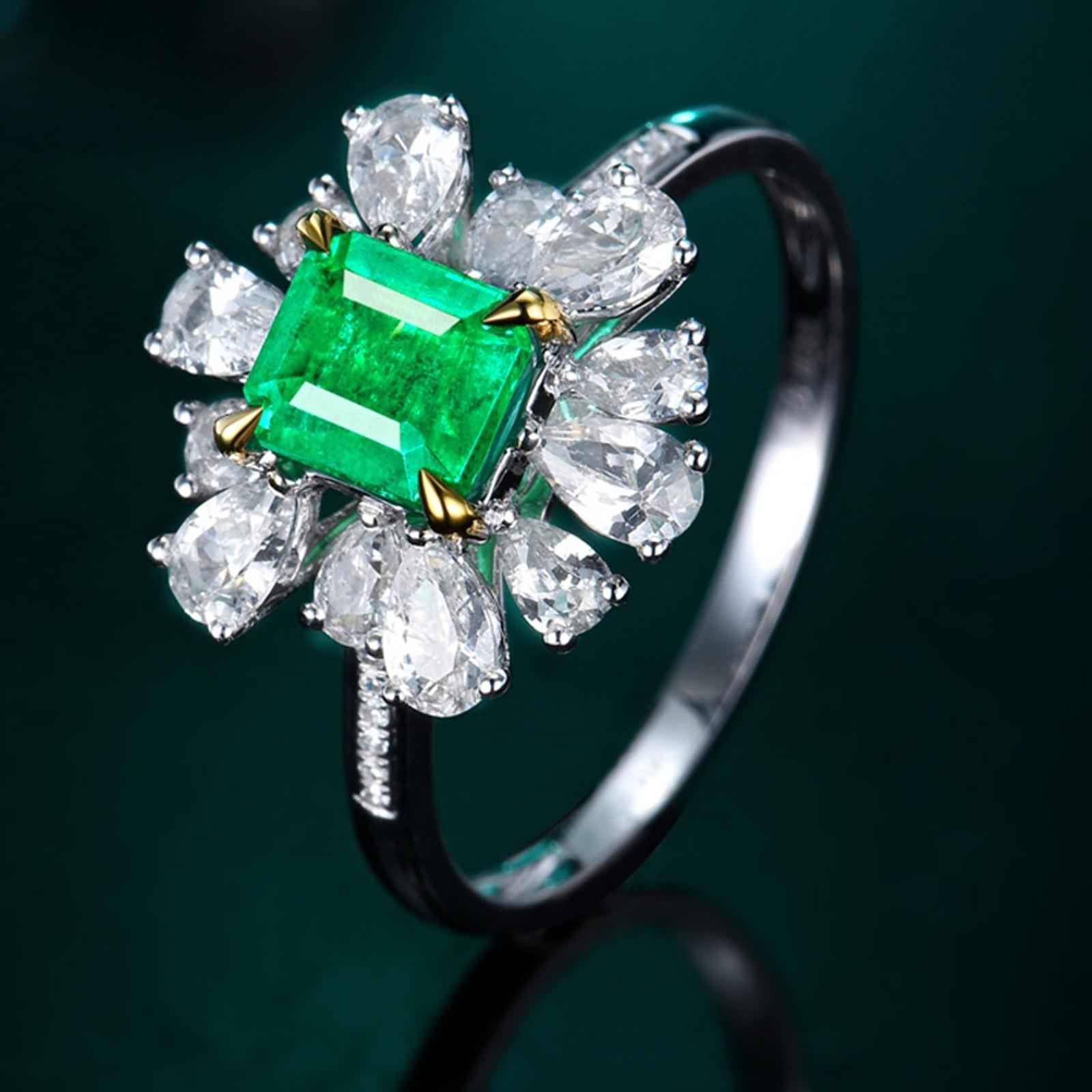 Anillos Mujer Plata Compromiso, Anillo Mujer Noviazgo Cuadrado de 4 Garras con Incrustaciones de Forma de Flor Esmeralda