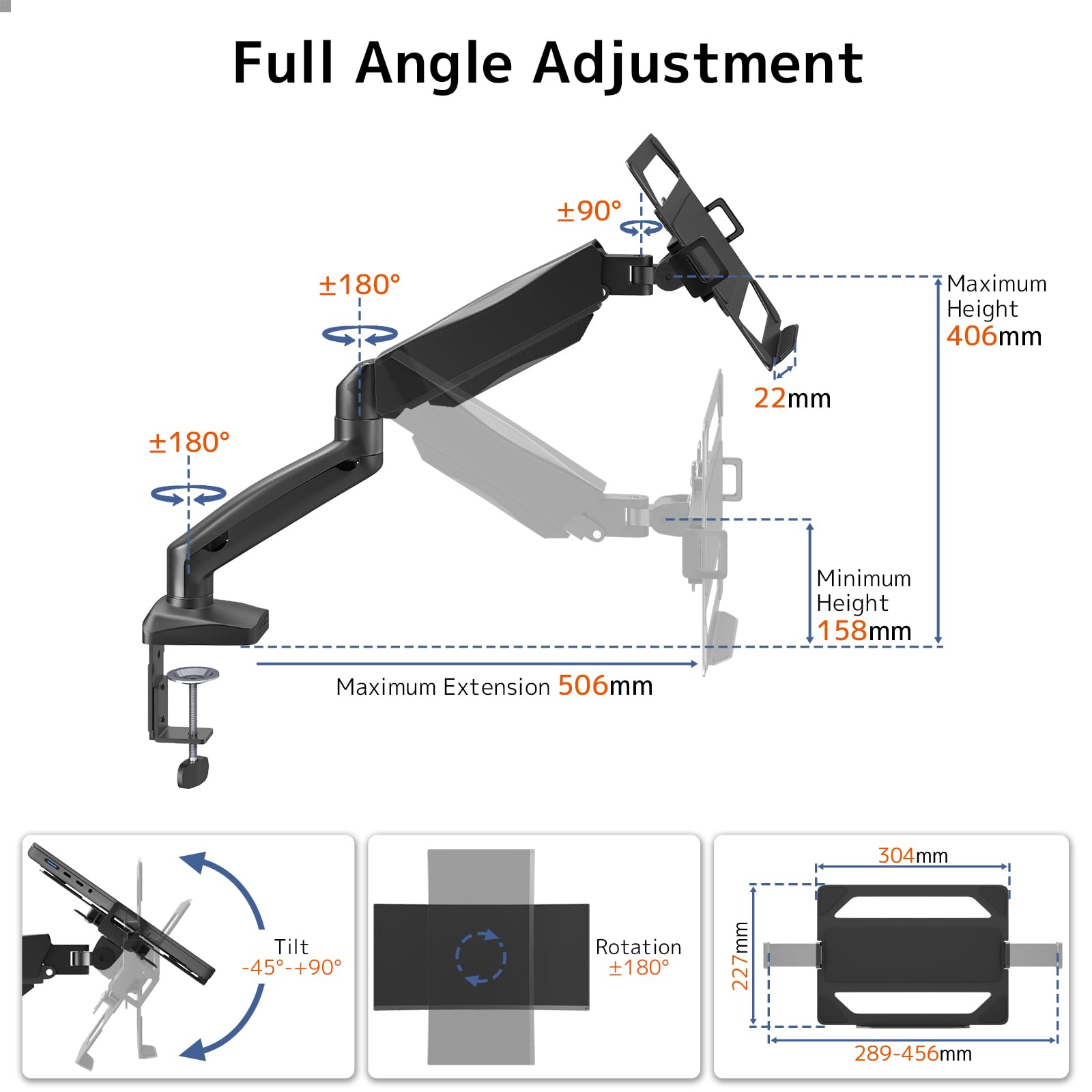 Supporto da scrivania per laptop 2 in 1, per notebook da 11,6-17,3'' e monitor da 17-32'', supporto a braccio per laptop fino a 9 KG, VESA 75/100 mm, morsetto da tavolo e attacco a occhiello