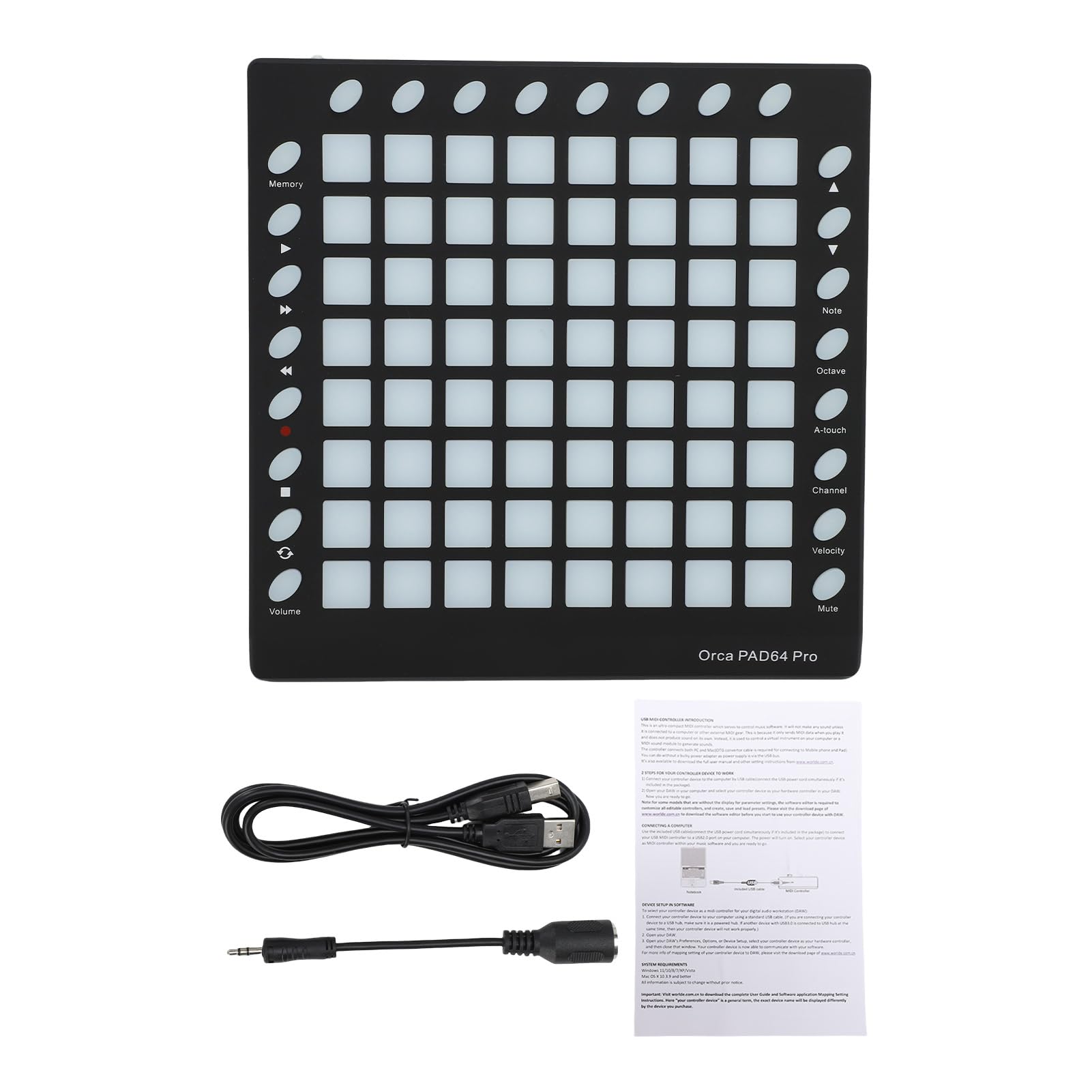 Bediffer Controlador MIDI DJ Pad con 64 Pads RGB 128GM Sonidos 8 Botones RGB 6 Controles de Transporte Editor Incorporado Pad MIDI Portátil para Fiesta Escenario Actuación en Vivo Plástico Negro 10"
