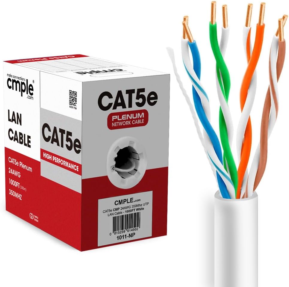 Cmple - Cat5e Plenum Cable 1000ft, CMP, White, 350MHz Gigabit Ethernet Solid Network Internet Bulk UTP